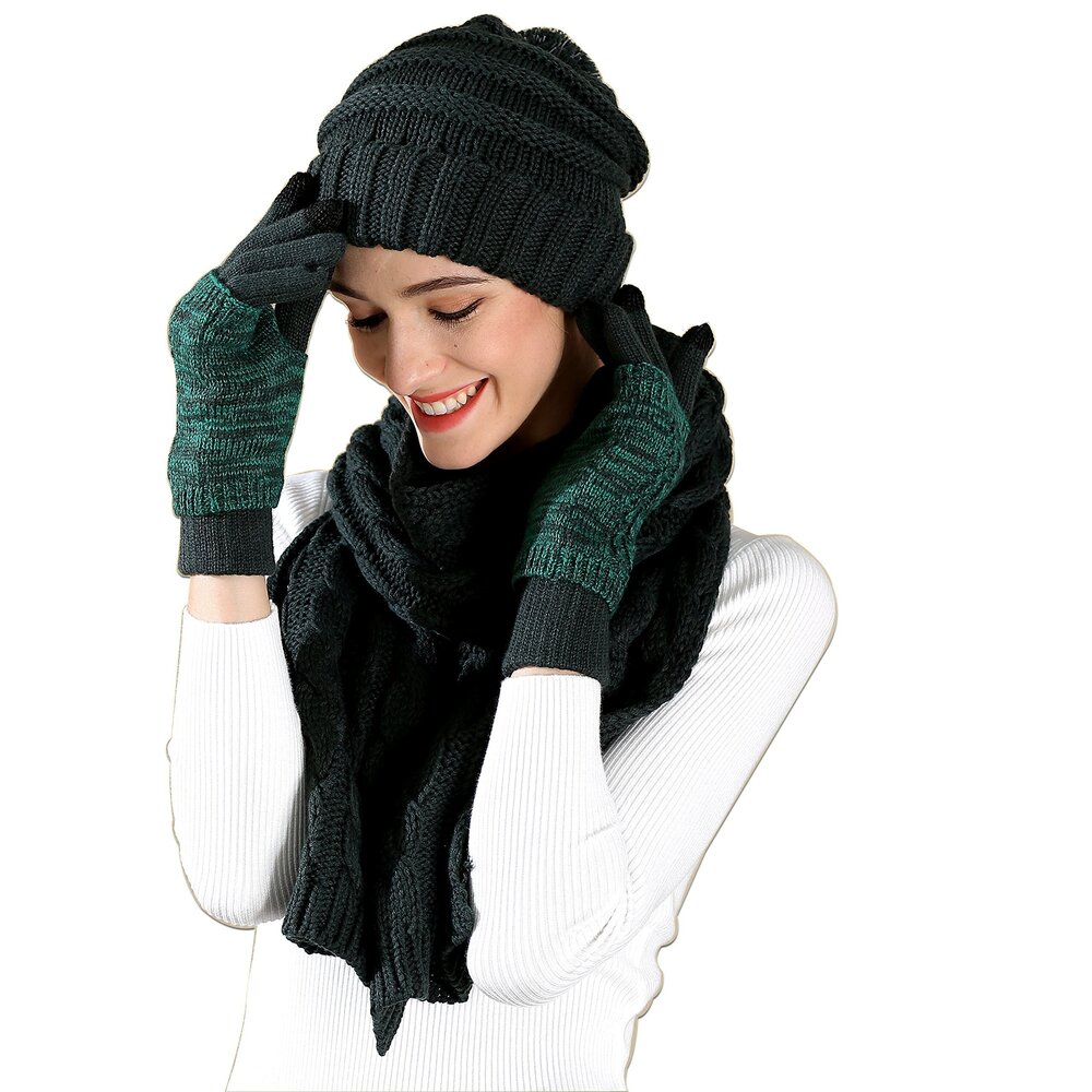 4392 Winter Hat Gloves Scarf Set , Cable Knit Beanie Pom Cap Touch Screen